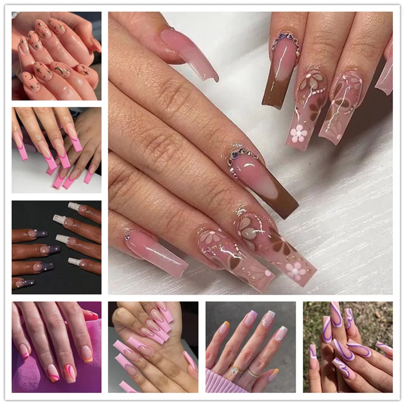 

False Fake Nails Full Cover Flower French Star Moon Wave Line Press On Wearable Finished Finger Artificial Fingernails Manicure