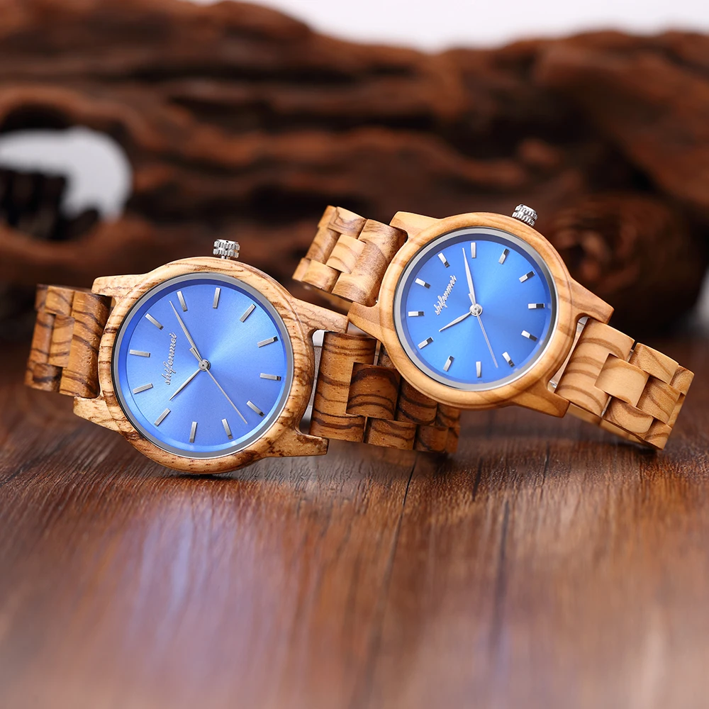 Blue Zebra All Wooden Couple Watches Strap Clock Timepieces Quartz Wristwatch Olive Wood Watch for Men Women relogios masculinos