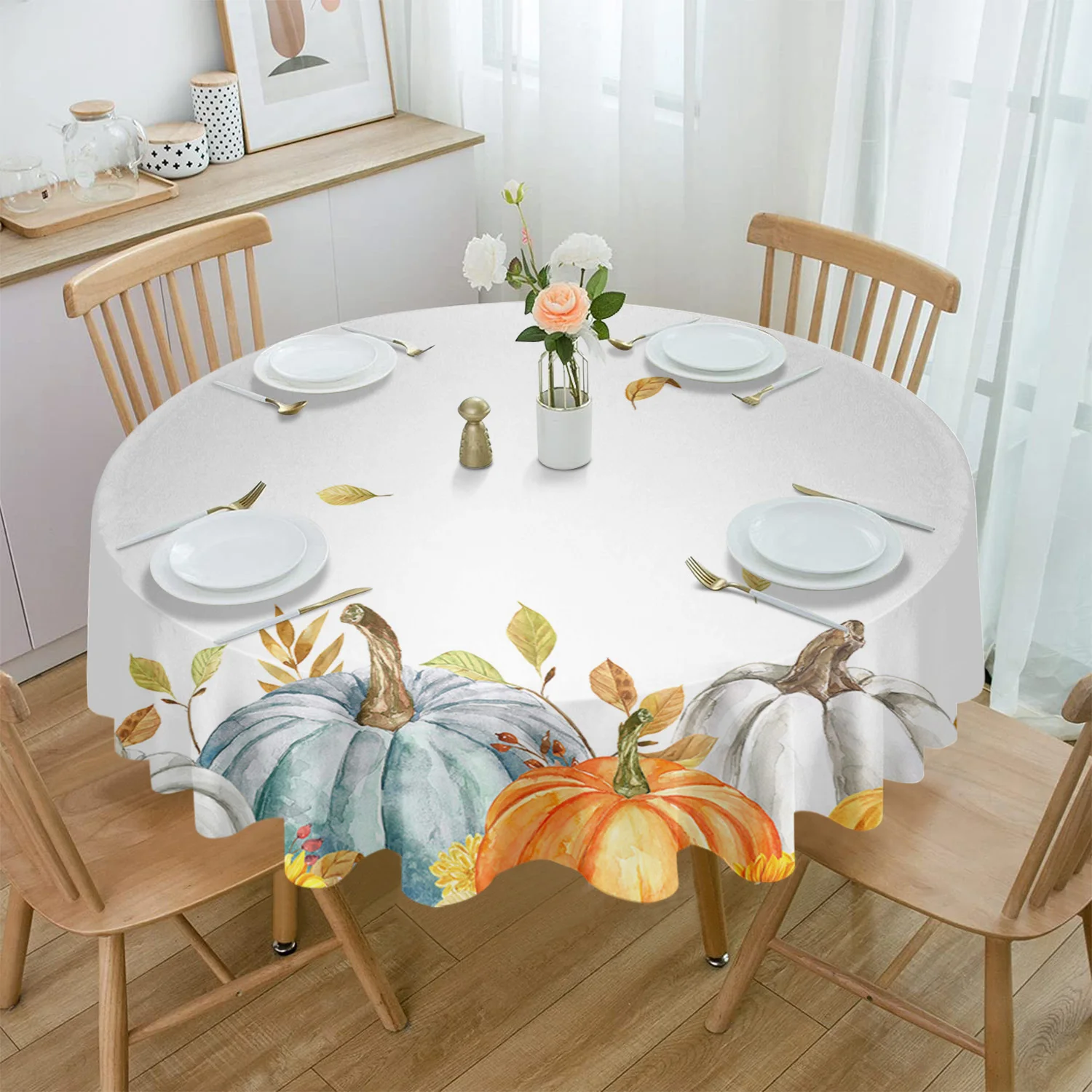 

Thanksgiving Pumpkin Autumn Leaves Round Tablecloth Party Kitchen Dinner Table Cover Holiday Decor Waterproof Tablecloths