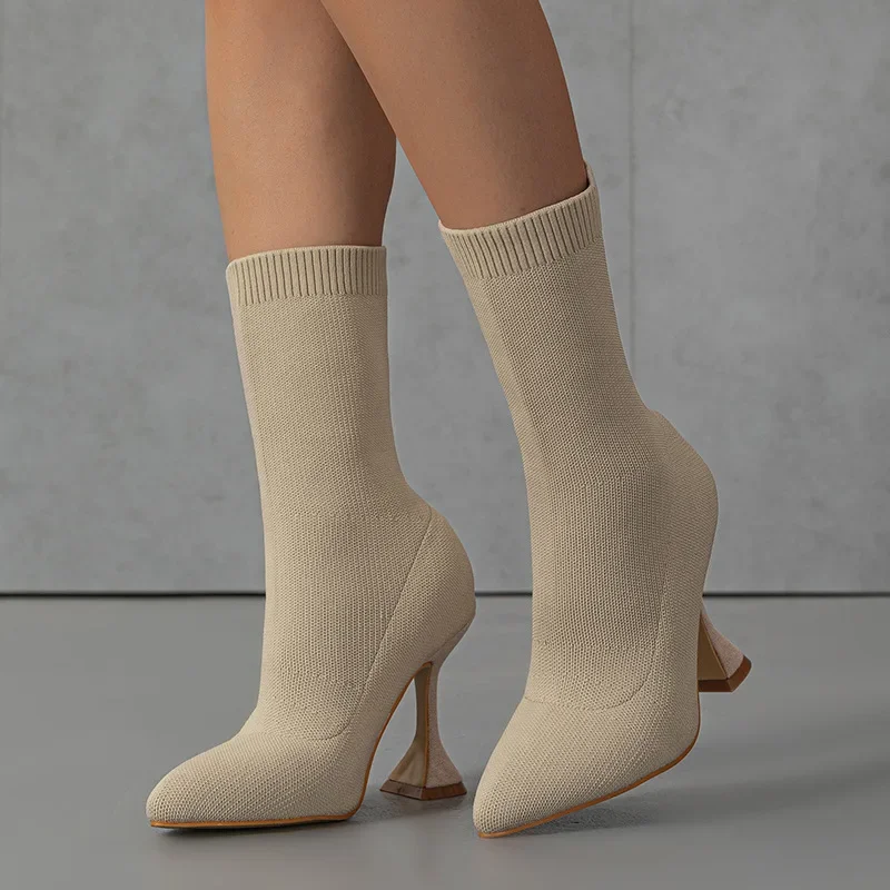 

Women Solid Pointed Ankle Boots 2024 Winter Warm New Casual High Heels Boots Simple Thin Heels Knitted Elastic Sock Short Boots