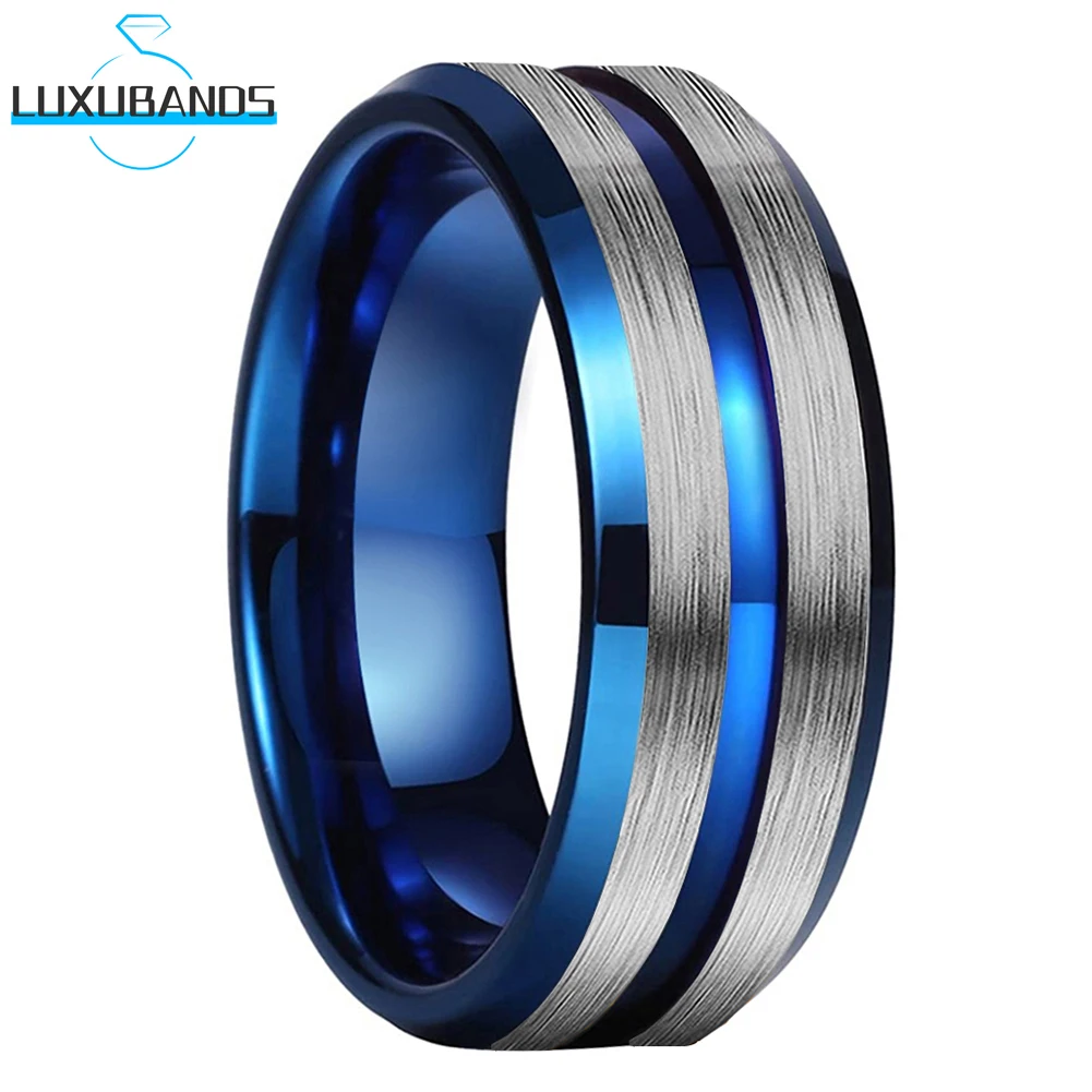 

Tungsten Carbide Wedding Blue Ring For Men Wemen Center Grooved Gold Rose Black Brushed Finish High Quality Comfort Fit
