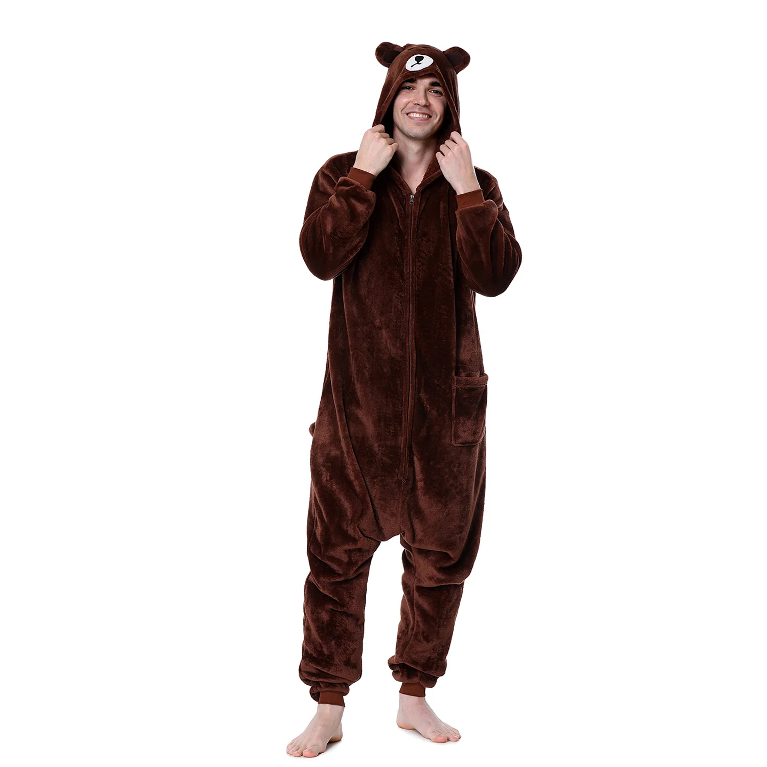 Men's Bear Onesie Funny Pajama Flannel Soft Warm Outfit Zipper Sleep Jumpsuit Animal Cartoon Suit Halloween Party Homewear Adult