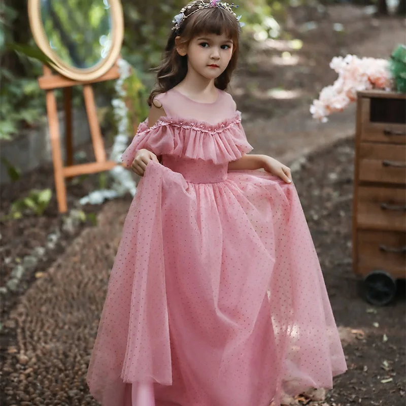 

Summer 4-14 years old Girls dress Expose shoulder Dot Sling Baby princess dress Flower girl Wedding party dress Children’s wear