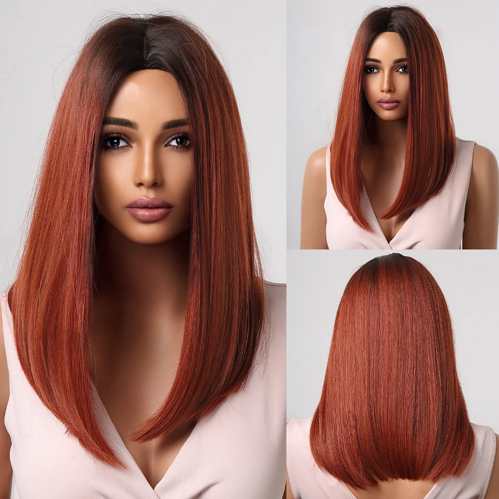 

Brown With Dark Red Synthetic Wigs Hair Medium Length for Women Natural Straight Daily Party Middle Part Wigs High Temperature