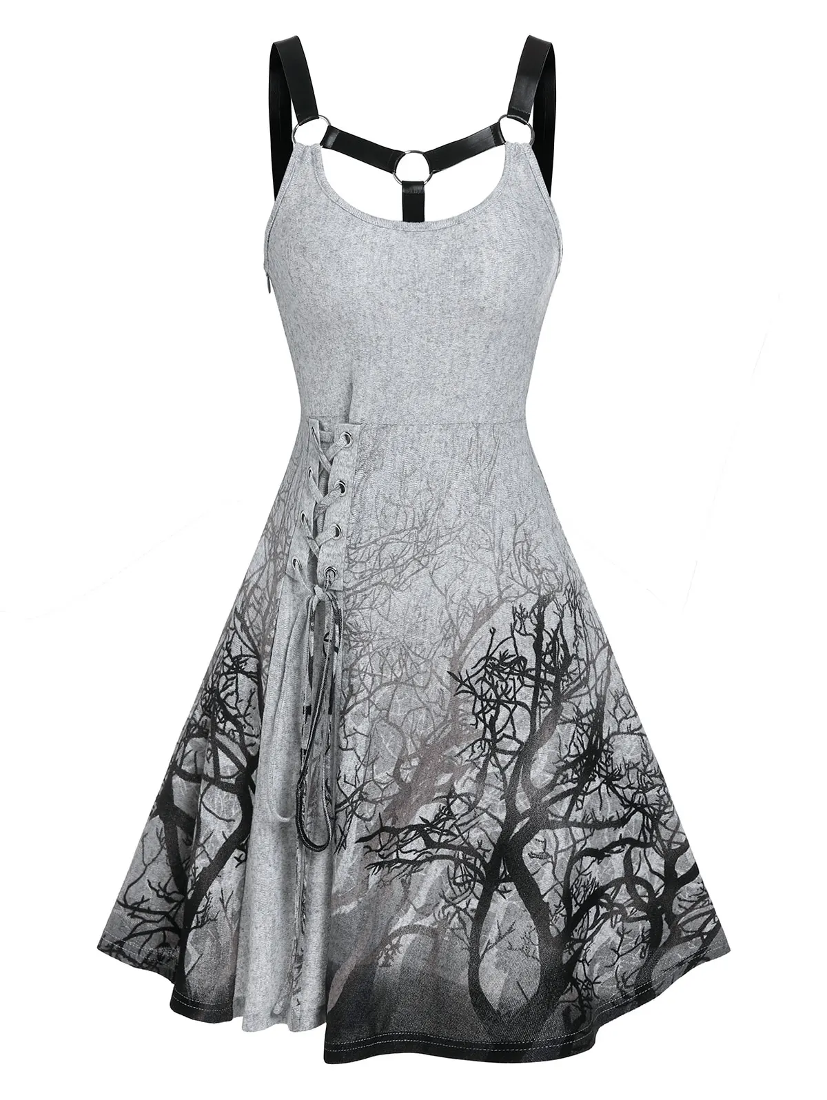 

Gothic Bandage Tree Printed Lace Up Flare Dress Asymmetric A Line Branch Print Club Party Vestidos For Female