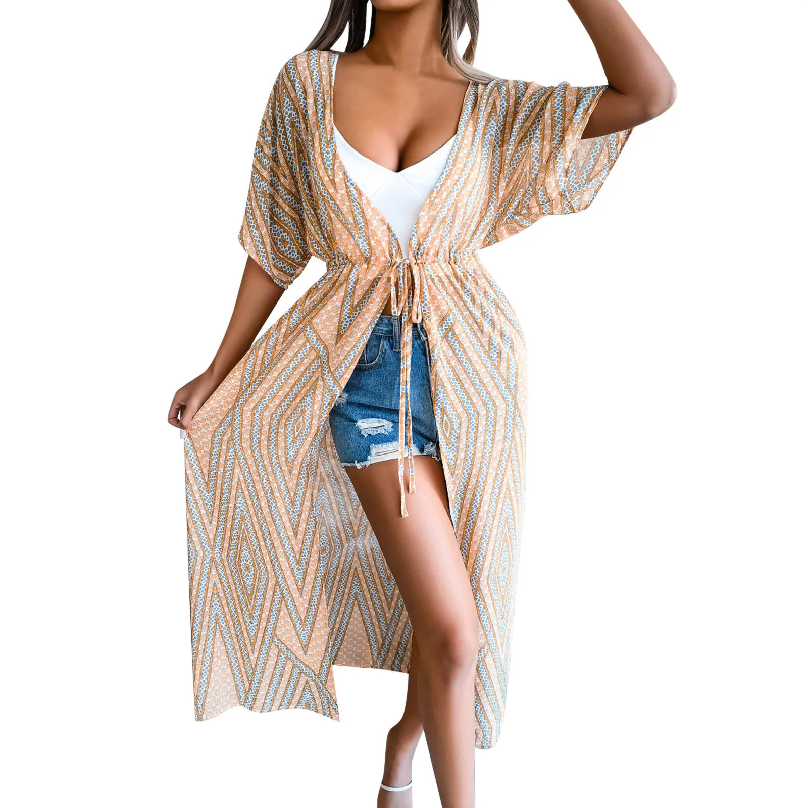 

J Cardigan Women Print Long Tops Shirt Lace Up Chiffon Cardigan Sun Protection Middle Sleeve Beach J Cardigan Massage Sweater