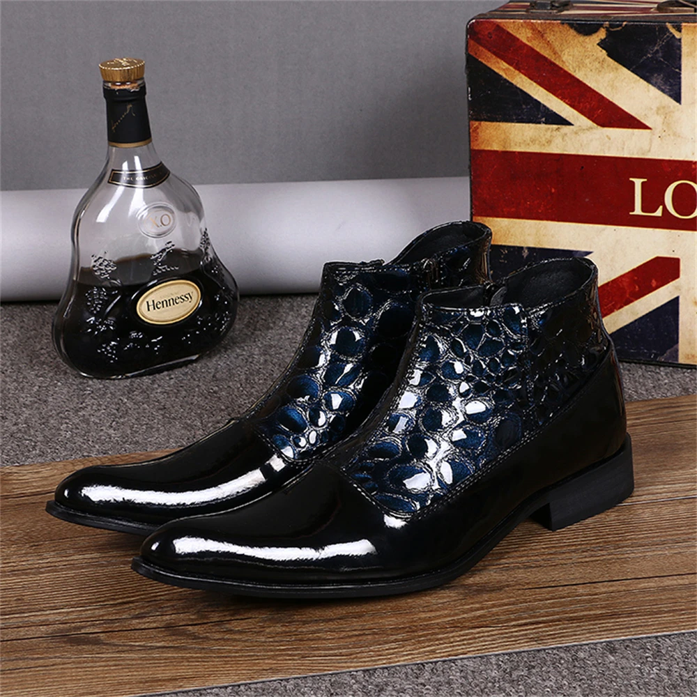 

Black Zipper Men Patent Leather Pointed Toe Ankle Boots Plus Size 46 Fashion Party Wedding Business For Male Dress Shoes