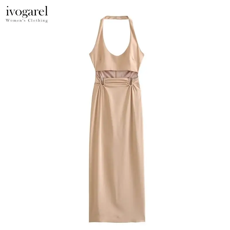 

Ivogarel Halter Neck Knit Midi Dress Women's Stylish Evening Dress with Round Neckline Waist Cut-Out Detail and Back Slit