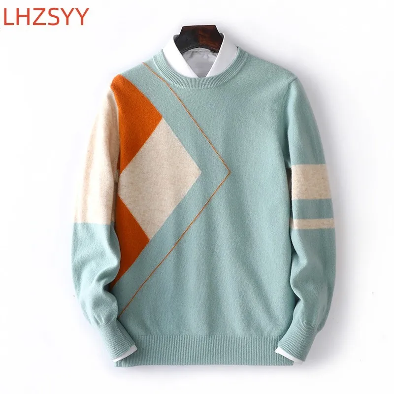 LHZSYY 100% Cashmere Sweater Men Colorblock Pullover 2022 Autumn Winter Soft Warm Jersey Hombre Jumper Pull Homme Knit Sweaters