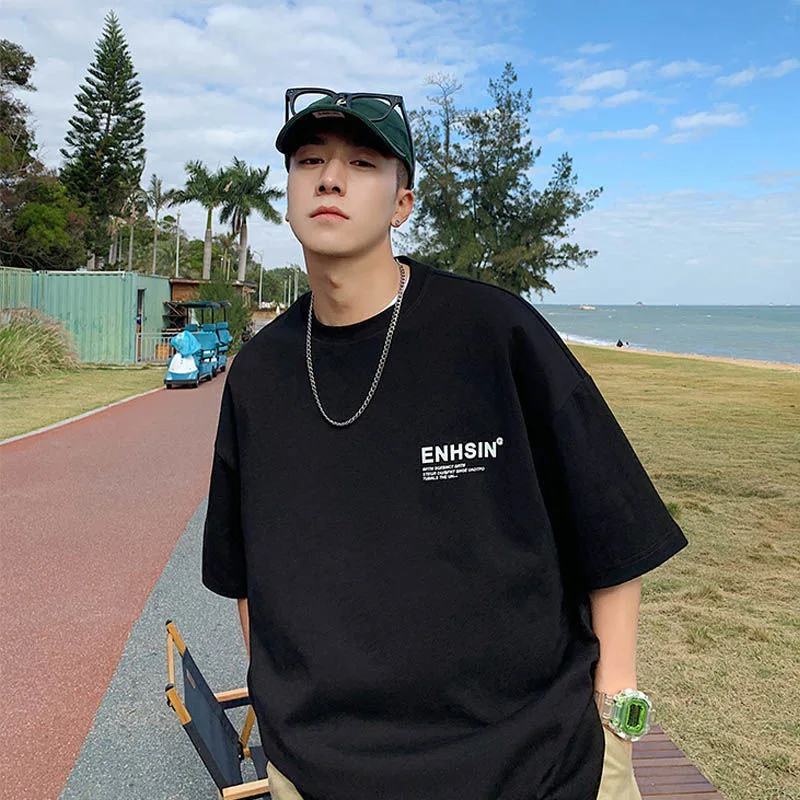 

2023 New Summer Men's T-shirt Pure Cotton Premium Alphabet Print Korean Street Hip-hop Men's Short Sleeve Casual Unisex Top