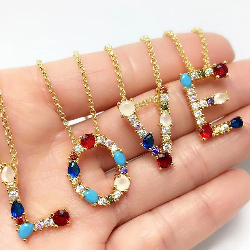 

Hypoallergenic 18K Gold Plated Rainbow Zircon Diamond Collar Inicial Alphabet 26 Letter Initial Pendant Necklace for Women