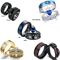 fashion couple rings for wedding jewelry romantic heart crystal zircon rings set and vintage dragon stainless steel men ring