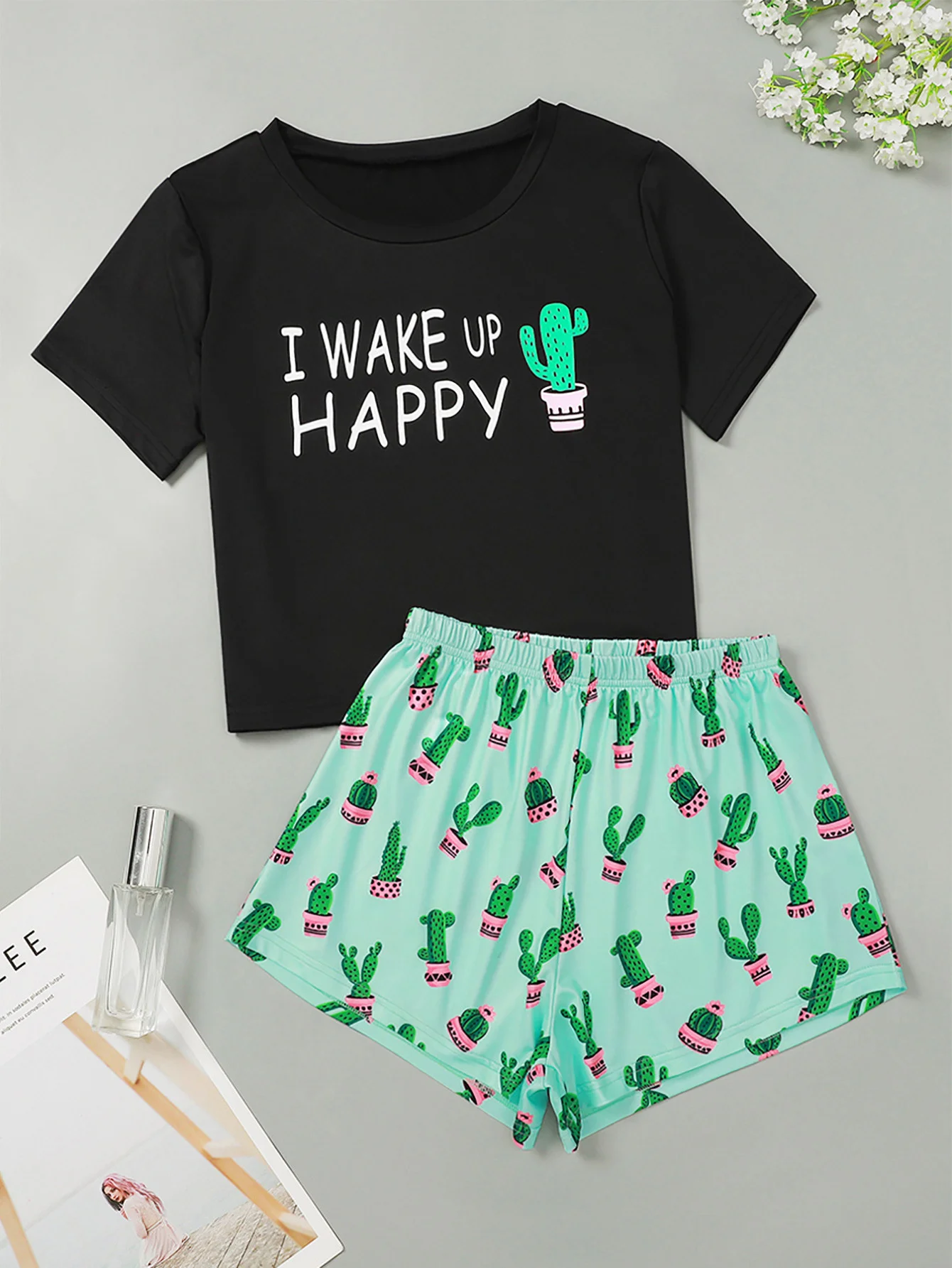 

New Style Women's Cute Cartoon Cactus Short Sleeve T Shirts & Shorts Pajama Set Summer Comfortable Sleepwear Home Suits