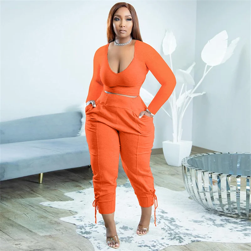 5xl Plus Size Sets For Women Solid Shirt And Bandage Pencil Pants 2022 Autumn Two Piece Set Fashion Sweatshirt Wholesale Clothes