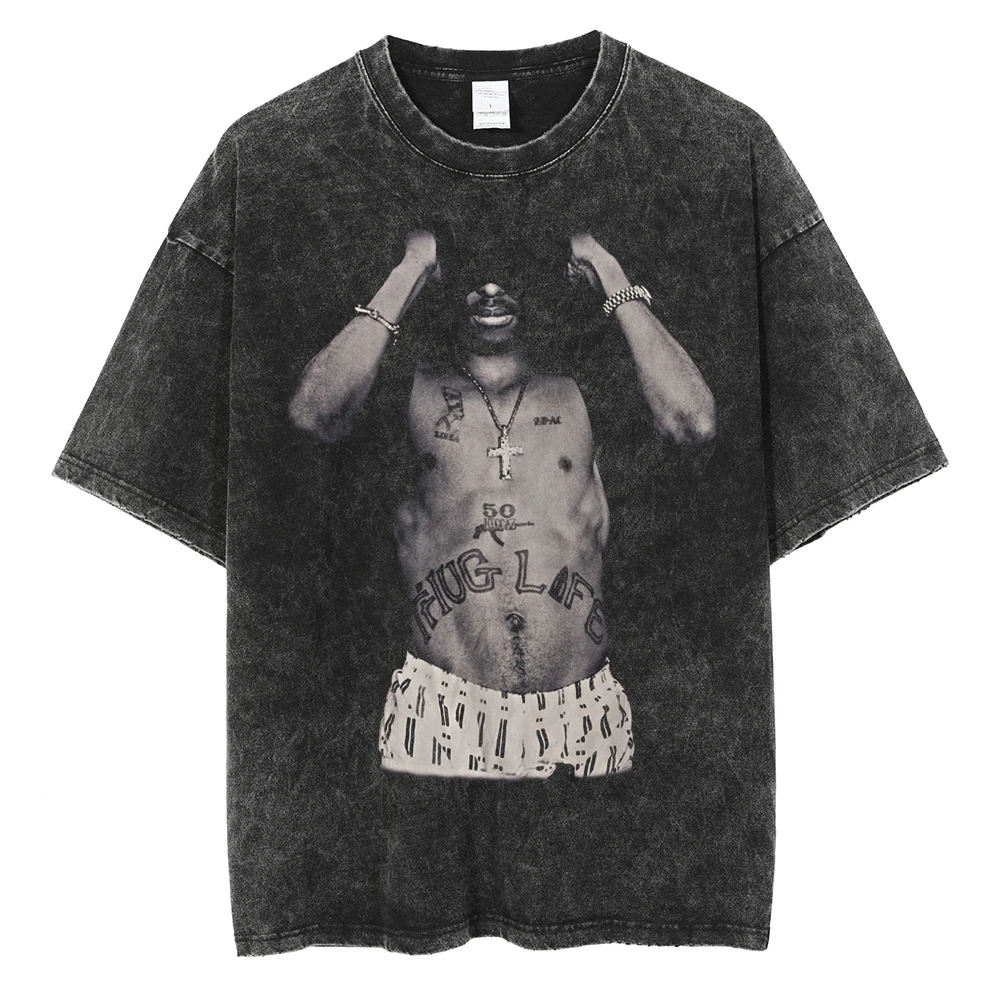 

Футболка 2PAC с эффектом потертости, Мужская футболка оверсайз, Женская крутая Винтажная футболка в стиле рэпера, летний топ с коротким рукав...