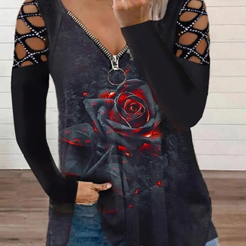 

Женская блузка с цветочным принтом, V-образным вырезом и длинными рукавами