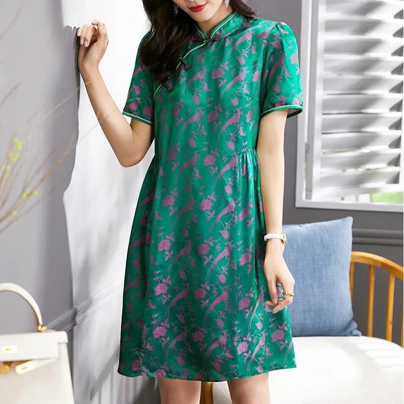 

Elegant Dresses For Women Short Sleeve 45% Real Silk Women's Summer Dress A-line Woman Chinese Style Vintage Cheongsam Dress