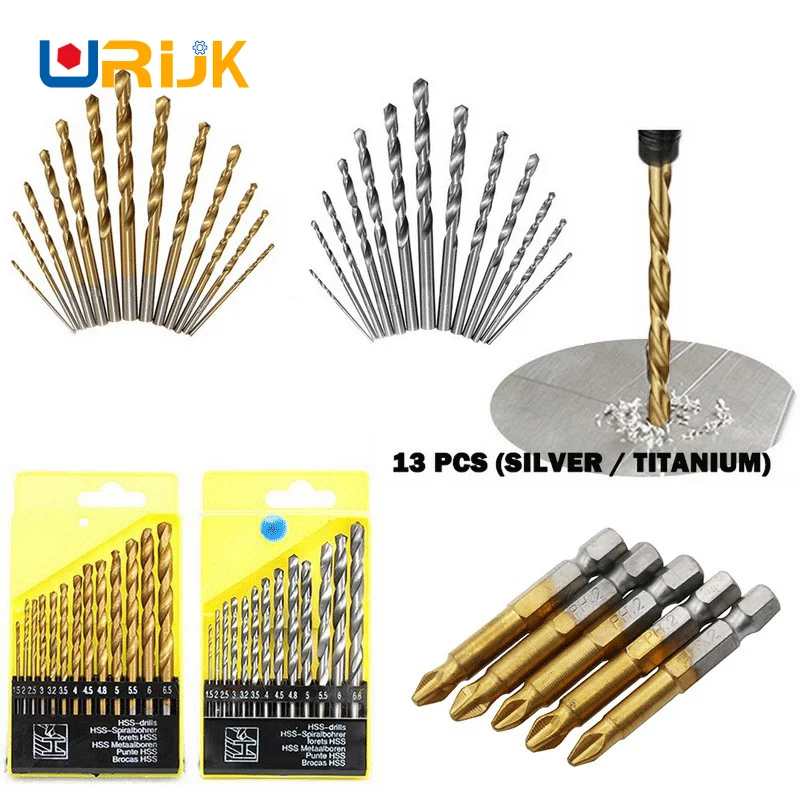 

13pcs HSS Drill Bit Set High Speed Steel Titanium Coated Drill Bit 1.5-6.5mm Quick Change Drill Bit High Quality Tools Parts