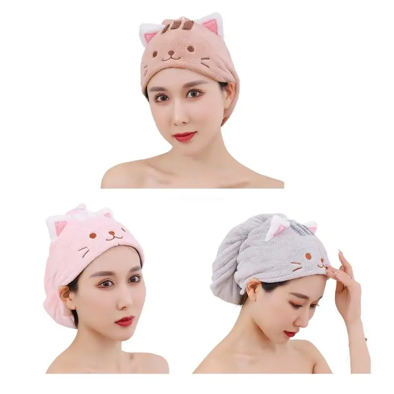 

Coral Velvet Hair Towel Turban Wrap Quick Dry Shower Hat with Button Cute for Cat Microfiber Super Absorbent Bath Cap Dropship