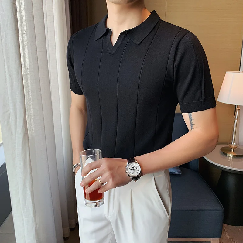 

Men's Summer Short Sleeve T-shirt Slim Fit Solid Color Top Handsome Versatile V-neck Knitted Polo Shirt