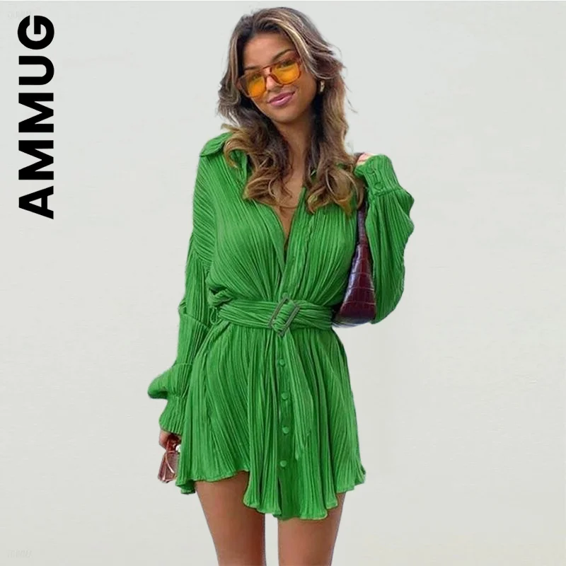 

Ammug Women Sexy Green Pleated Women's Mini Dress Elegant Girl Streetwear Club Temperament Dresses Woman Female Vestidos