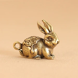 Retro Brass 3D Rabbit Figurines Miniature Simulation Animal Toy Desk Ornament Table Pets Antique Copper Crafts Home Decor