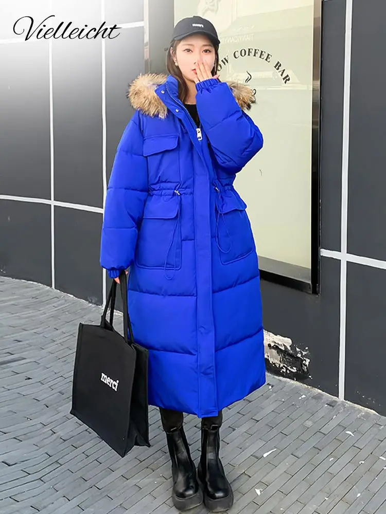 Vielleicht 2022 New Fashion Winter Jacket Women Parkas Long Coat Fur Hooded Loose Warm Snow Wear Cotton Padded Winter Clothes