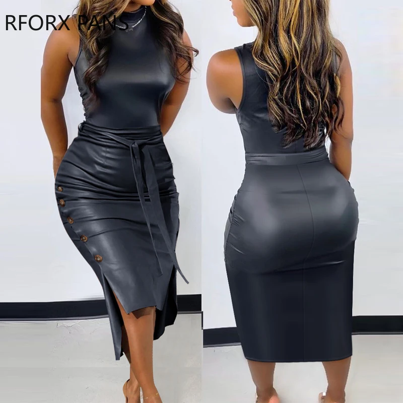 

Женское облегающее платье из искусственной кожи без рукавов на пуговицах с рюшами и поясом вечернее платье
