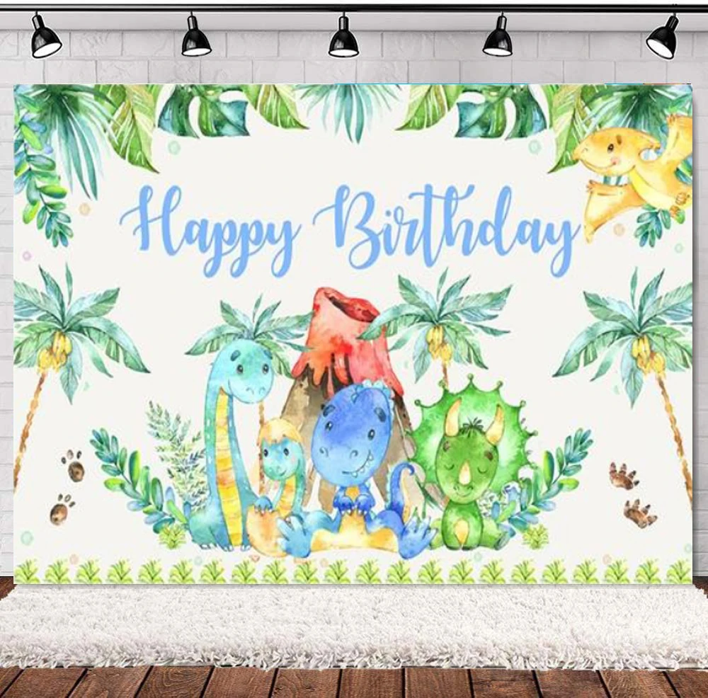 

Динозавр день рождения вечерние графия фон мультфильм мир Юрского периода зеленые листья фото фон мальчики девочки душ украшение