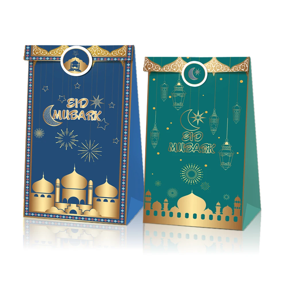 

LB071 12Pcs Muslim Eid Mubarak Festival Party Kraft Paper Gift Bags Stickers Cookies Candy Pack Boxes Ramadan Party Decorations