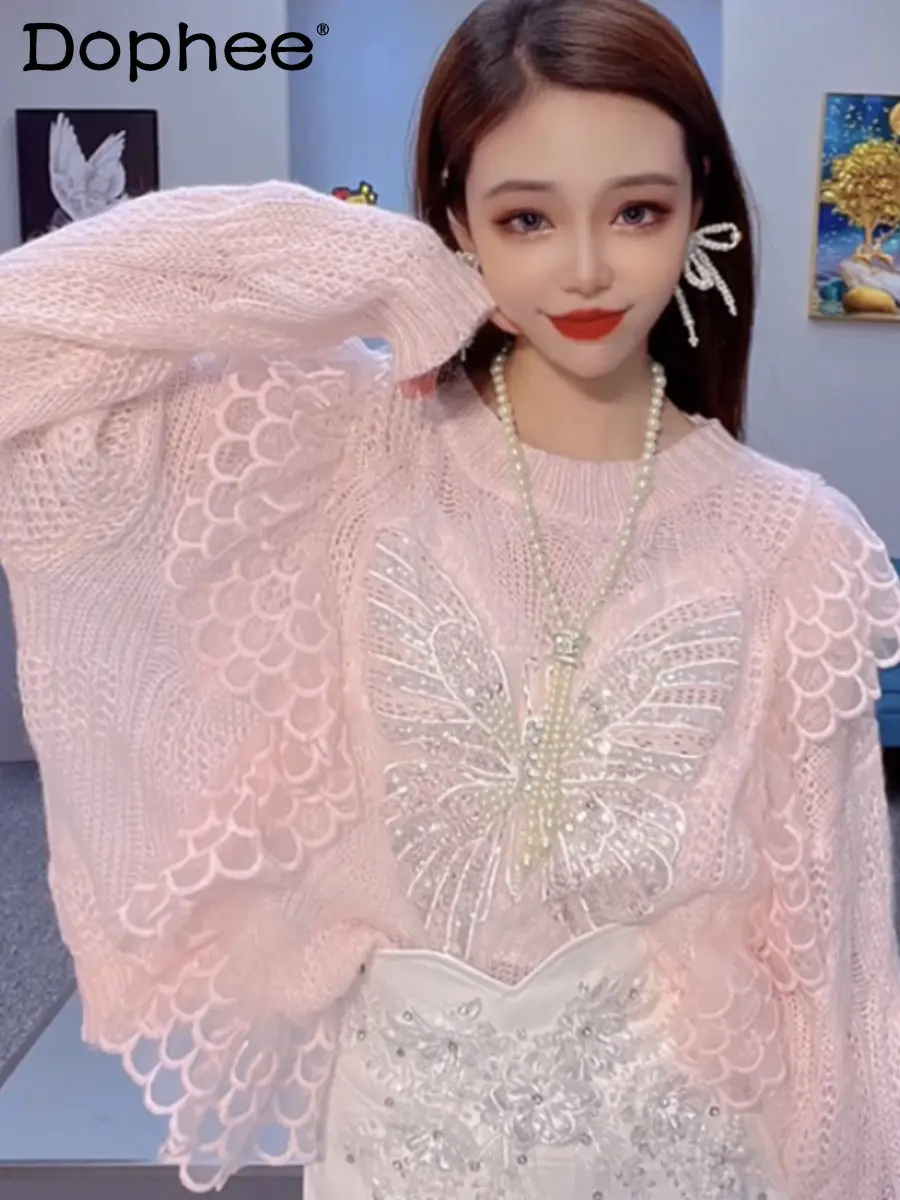 

Heavy Industry Beads Sequined Bow Sweet Lace Stitching Loose Pullover Sweater Women Knitwear Tops 2022 Fall New Kawaii Clothes