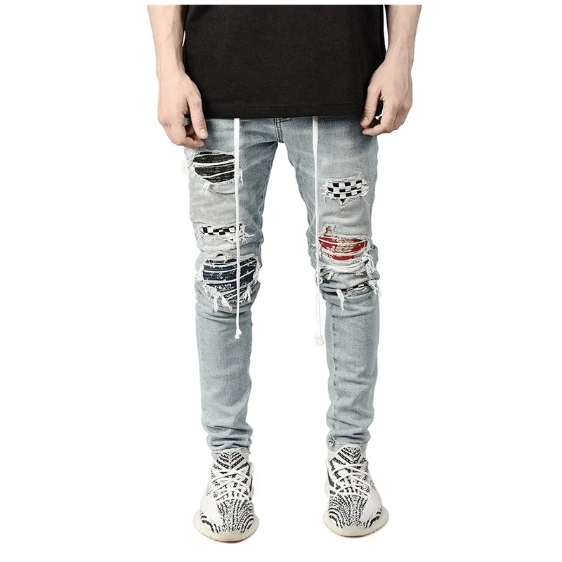 Fashion Casual Men's Jeans Street Hip Hop Travel Sports Jeans Plaid Denim Ripped Patch Pencil Pants Slim Stretch Belt Trousers