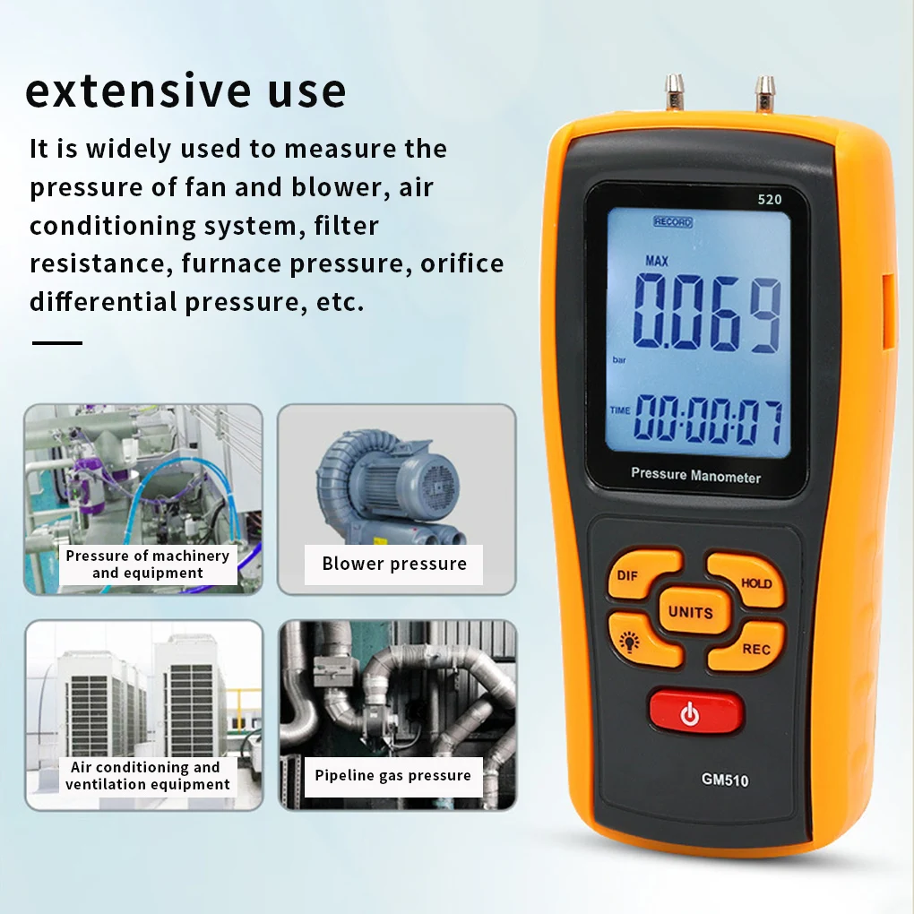 

GM520 Digital Manometer LCD Display Differential Air Pressure Tester Auto Power Off Measuring digital differential pressure test