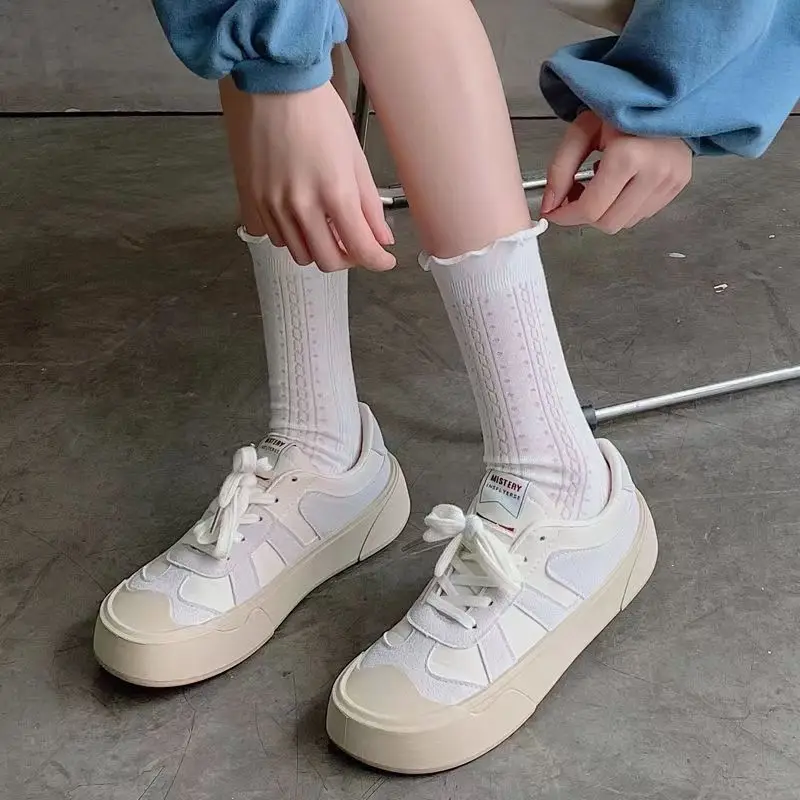 JK Harajuku Lolita Women's Short White Socks White Fungus Edge Mesh Thin Japanese Sweet Girl Middle Tube