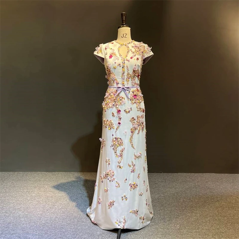 

100%Real Photos Ivory Colorful Flowers Beadings Soft Satin Short Sleeves Mermaid Formal Prom Party Dance Bridal Evening Dresses