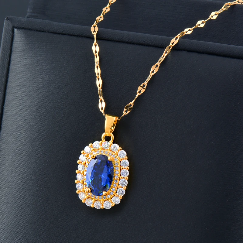 

LEEKER Trend Blue Square Cubic Zirconia Pendant Stainless steel Necklace For Women Gold Color Statement Jewelry 2022 836 LK2