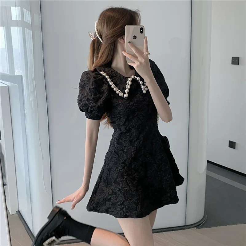 

Summer Vintage Elegant High Waist Slim Temperament Black Pearl Lapel Puff Sleeve Dress Women Short Jacquard Floral Print Sexy