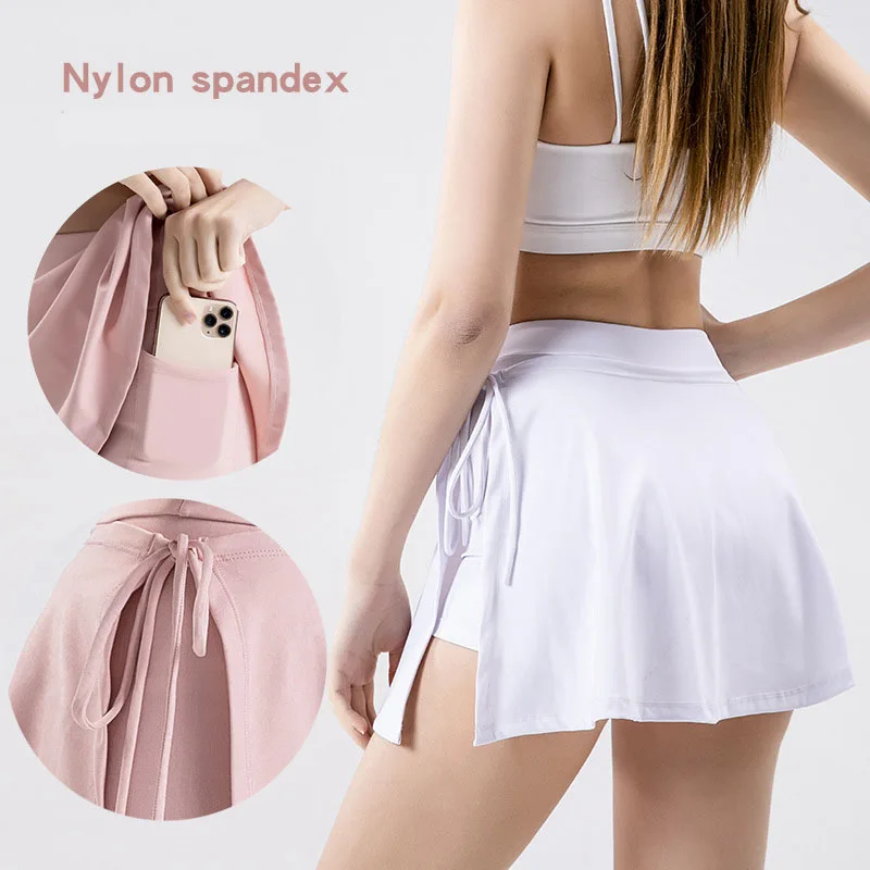 Sports Yoga Short Skirt Women Badminton Tennis Skirt Pants Quick Drying Pocket Short Skirt Side Split Strap High Waisted Shorts