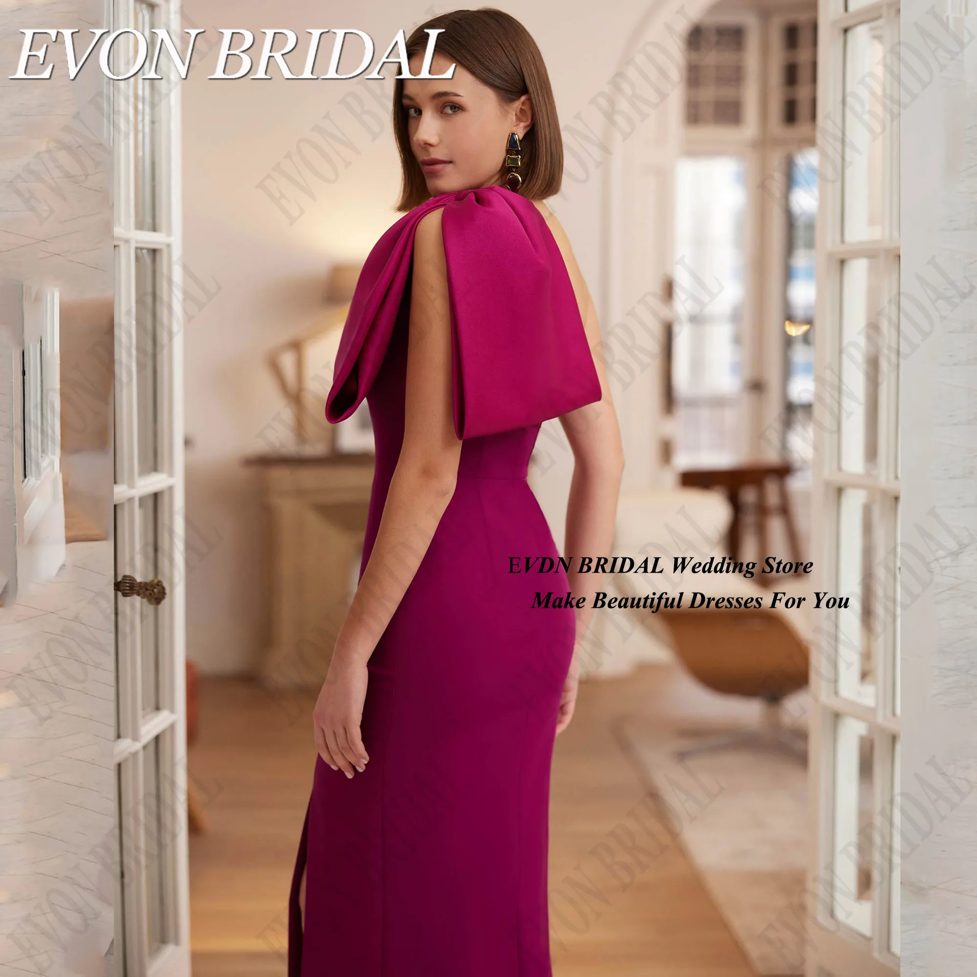 Фото EVON BRIDAL Элегантные длинные вечерние платья на одно плечо с разрезом по бокам длиной до пола, платья для выпускного вечера Русалка с атласным бантом فساتين سهرة по индивидуальному заказу Элегантные длинные вечерние №2