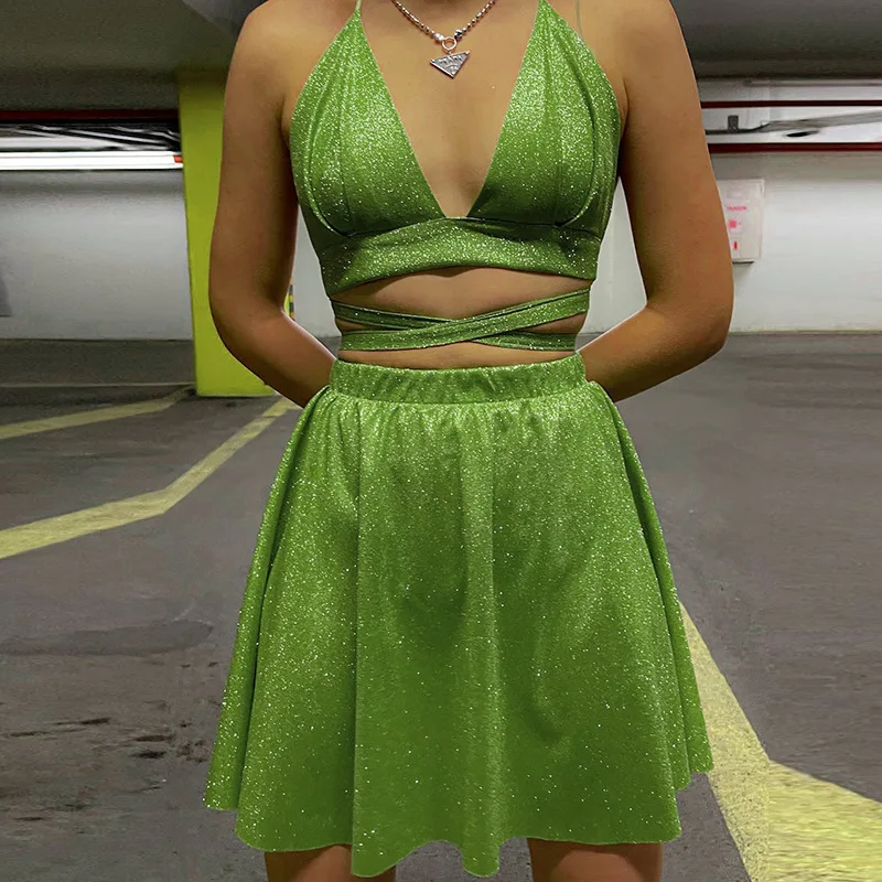 

Women Sexy Two Piece Set Shiny Green Chest Wrap Backless Halter Crop Top Camisole + High Waist A-line Skirt Chic Club Outfits
