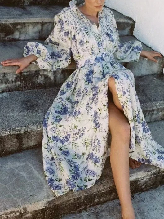 

Женское платье до щиколотки, платье с разноцветным принтом, рукавами-фонариками и поясом