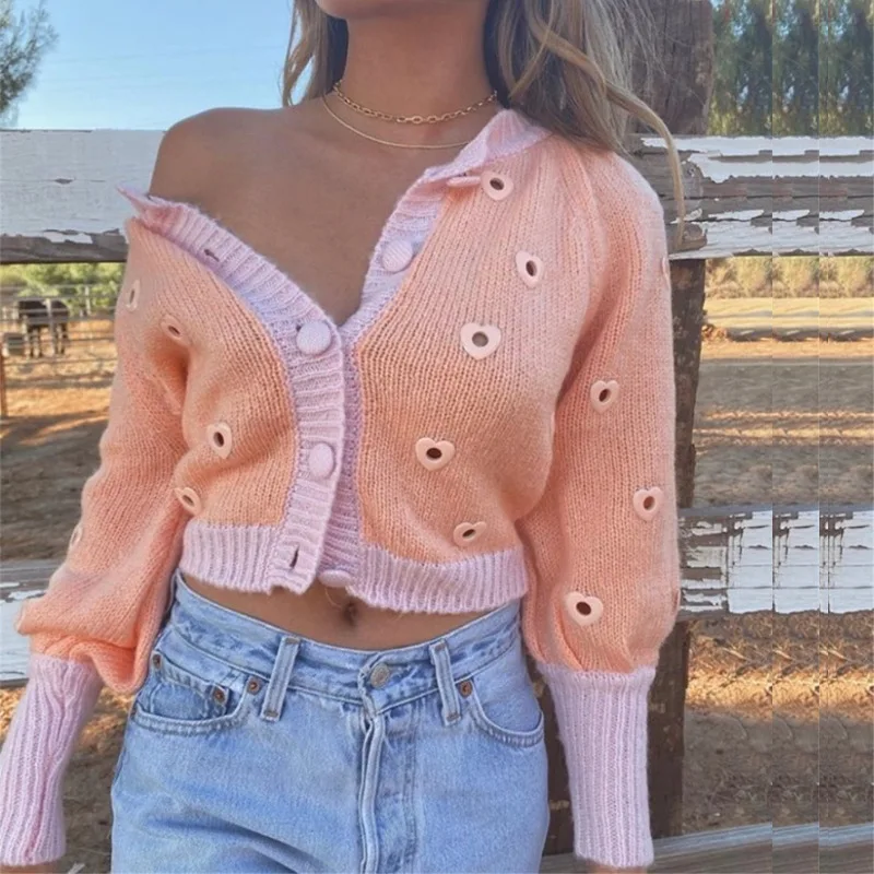 

Spring Summer Crop Top Women Thin Knit T-shirt Y2k Clothes Urban Blouse Rural Sweater Heart Cutout Pleated Colorblock Rib