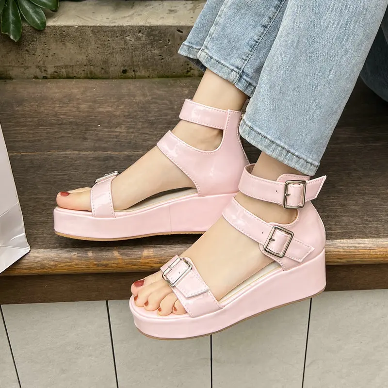 

Women Shoes Summer Platform Wedges Sandals Patetn Leather Fashion Buckle Casual Sandals Big Size 34-46 Black White Pink