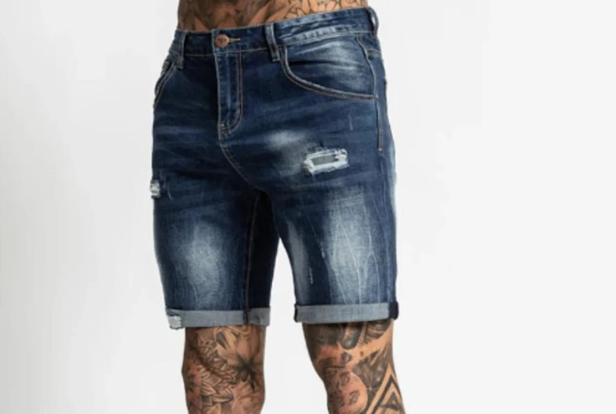Hole Ripped Slim Short Jeans Men High Waist Solid Color Denim Shorts Retro Blue Washed Street Knee-length Male Pants