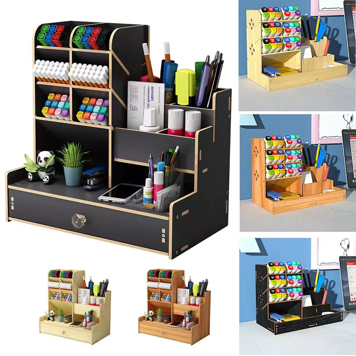 

Multi-function Wooden Desk Storage Drawer Desktop Pen Holder Office School Stationery Storage Stand Desk Pen Pencil Organizer