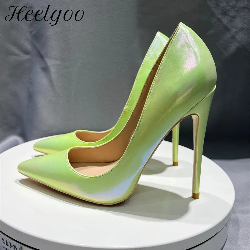 

Heelgoo Shiny Green Leather Super High Heel Shoes Woman Pointy Toe Stiletto Slip On OL Wedding Party Dress Shoes 12cm 10cm 8cm