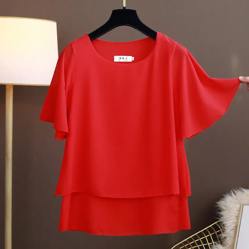 

2022 New Summer Women Chiffon Blouse Loose O-Neck Solid Color Female Shirt Short Sleeve Oversized Tops Blusas Mujer De