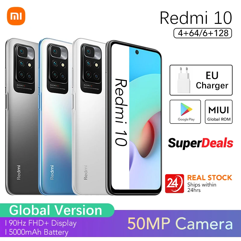 Xiaomi Redmi 10 4/64GB 6/128GB Global Version Smartphone 128GB 50MP AI Quad Camera 90Hz FHD+ Display 5000mAh Large Battery