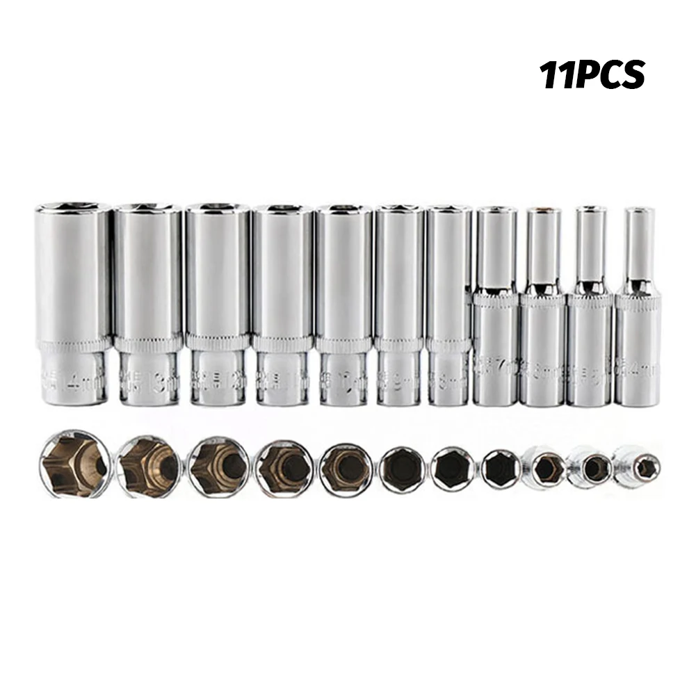 

11pcs Durable 4 To 14mm Repair 1/4inch Drive Hex CRV Metric Professional 6 Point Hand Tool Long Portable Deep Socket Set