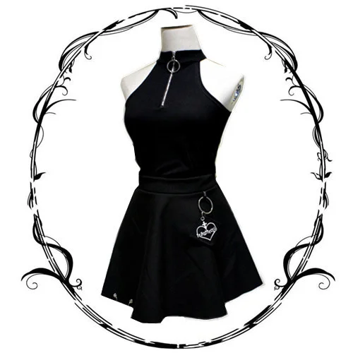

Rosetic New Designed Women Goth Tank Top Non-sleeve Zipper Patchwork Halter Neck Solid Color Gothic Style Sexy Ladies Tank Tops